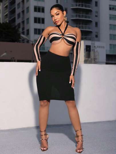 SHEIN SXY con estampado de rayas de cuello halter Top & Falda ajustada