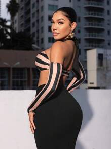 SHEIN SXY Striped Print Halter Neck Top & Bodycon Skirt