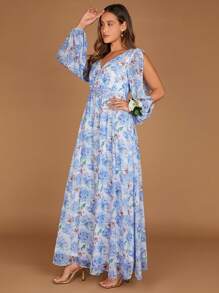 SHEIN Belle Floral Print Split Sleeve Chiffon Dress - Multicolor - View 3