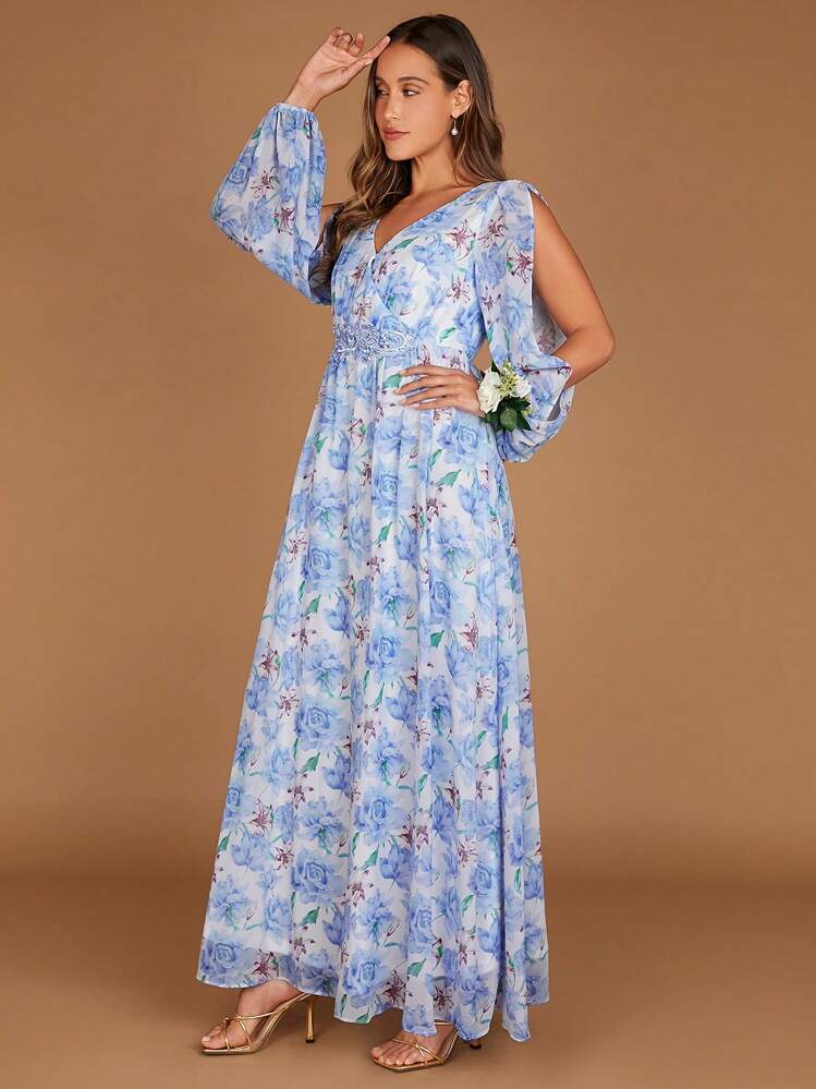 SHEIN Belle 花卉印花开袖雪纺连衣裙 - 彩色 - 查看 3