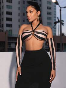 SHEIN SXY Striped Print Halter Neck Top & Bodycon Skirt