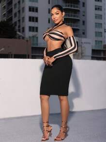 SHEIN SXY Striped Print Halter Neck Top & Bodycon Skirt