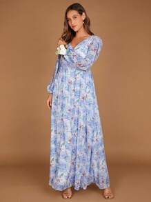 SHEIN Belle Floral Print Split Sleeve Chiffon Dress - Multicolor - View 1