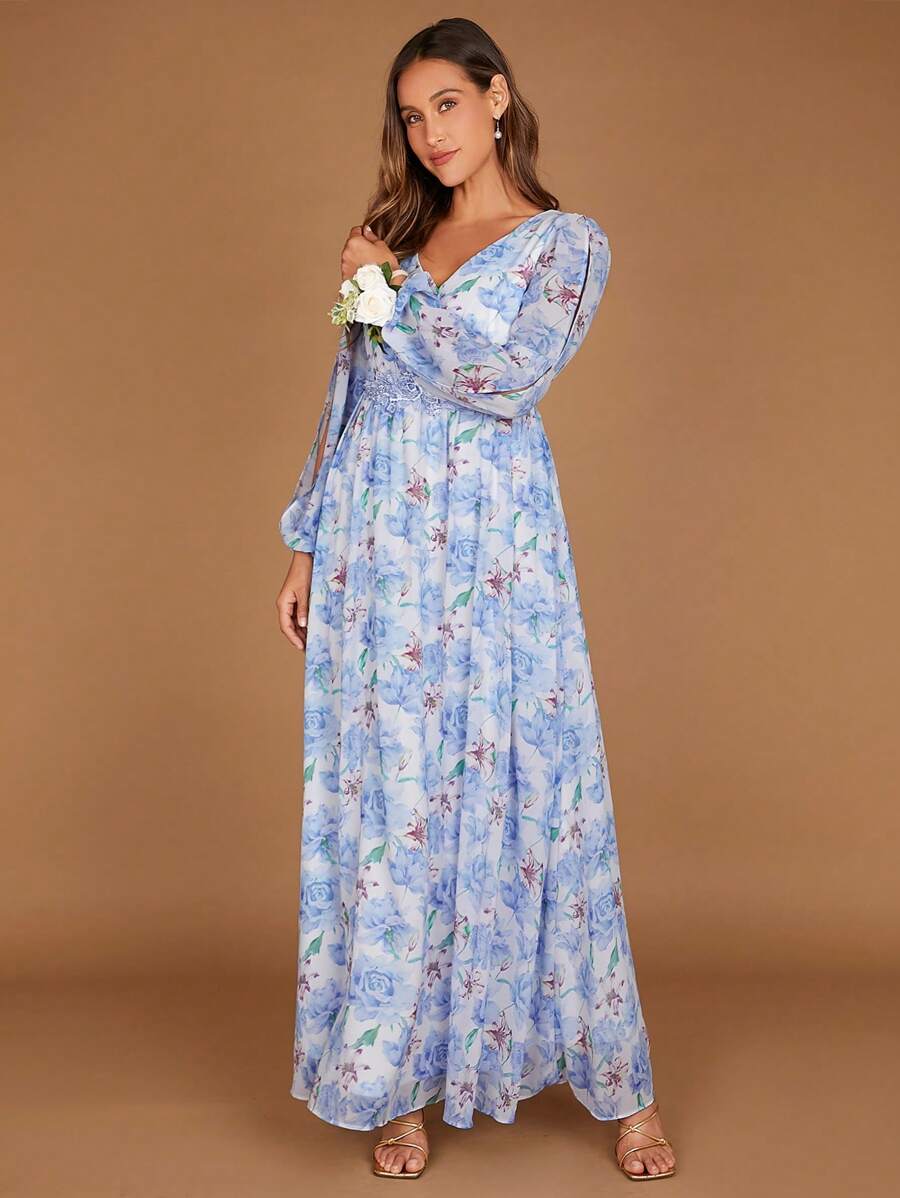 SHEIN Belle Floral Print Split Sleeve Chiffon Dress - Multicolor - View 1