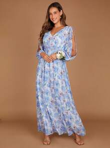 SHEIN Belle Floral Print Split Sleeve Chiffon Dress - Multicolor - View 4