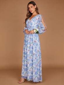 SHEIN Belle Floral Print Split Sleeve Chiffon Dress - Multicolor - View 5