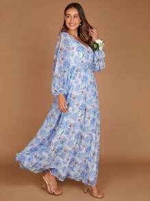 SHEIN Belle Floral Print Split Sleeve Chiffon Dress - Multicolor - View 7