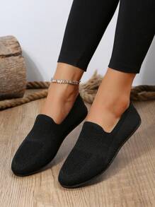 Zapatos de mujeres cómodo plano tejido malla transpirable sin cordones - Negro - Ver 1