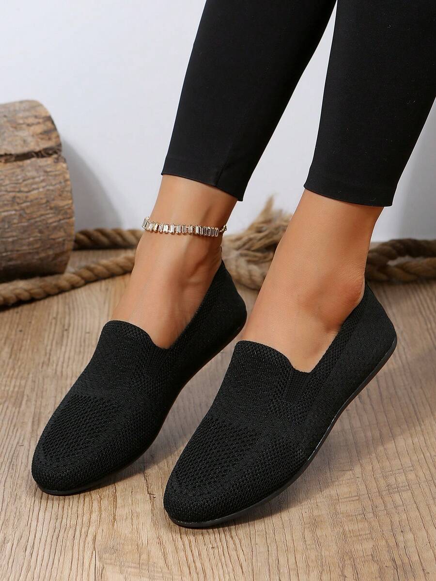 Zapatos de mujeres cómodo plano tejido malla transpirable sin cordones - Negro - Ver 1