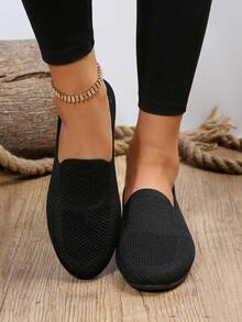 Zapatos de mujeres cómodo plano tejido malla transpirable sin cordones - Negro - Ver 2