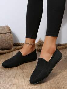 Zapatos de mujeres cómodo plano tejido malla transpirable sin cordones - Negro - Ver 3