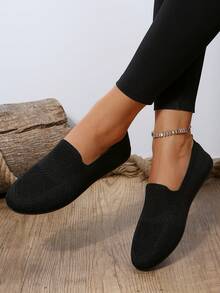 Zapatos de mujeres cómodo plano tejido malla transpirable sin cordones - Negro - Ver 4