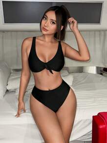 Swim Mod Summer Beach Solid Knot Front Bikini Set
