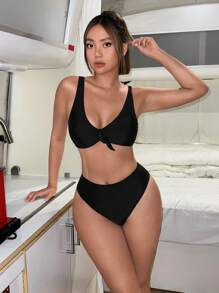 Swim Mod Summer Beach Solid Knot Front Bikini Set