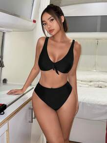 Swim Mod Summer Beach Solid Knot Front Bikini Set