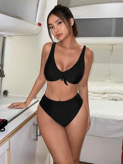 Bloopia Bañador bikini unicolor con nudo delantero