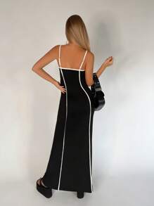 SHEIN EZwear 字母圖案撞色滾邊吊帶連衣裙 - 黑色 - 查看 2