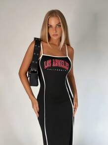 SHEIN EZwear 字母圖案撞色滾邊吊帶連衣裙 - 黑色 - 查看 3