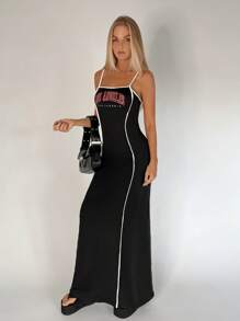 SHEIN EZwear 字母圖案撞色滾邊吊帶連衣裙 - 黑色 - 查看 4