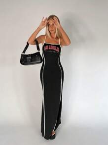 SHEIN EZwear 字母圖案撞色滾邊吊帶連衣裙 - 黑色 - 查看 5