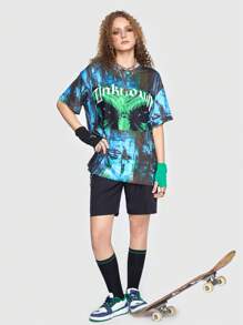 ROMWE Street Life Drop Shoulder T-Shirt mit Buchstaben Grafik,