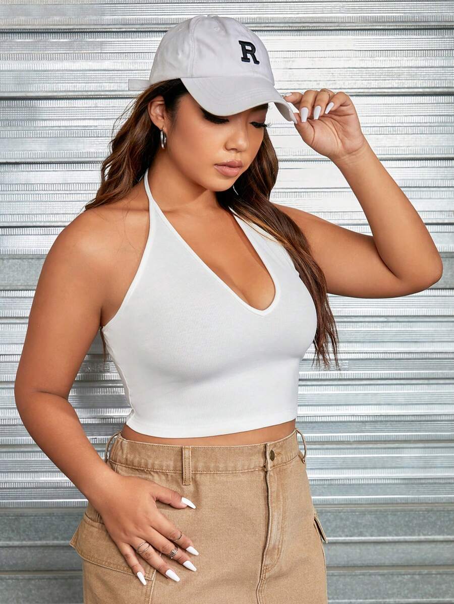 SHEIN EZwear Plus Solid Crop Halter Top - White - View 1