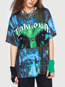 ROMWE Street Life Drop Shoulder T-Shirt mit Buchstaben Grafik,