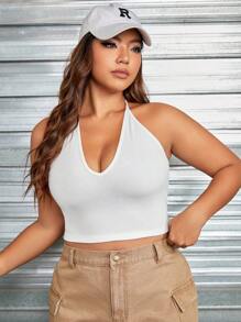 SHEIN EZwear Plus Solid Crop Halter Top - White - View 4