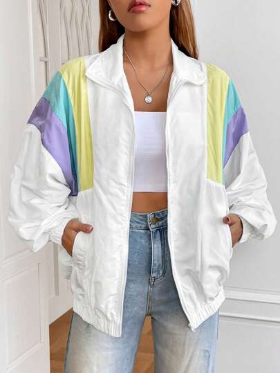 SHEIN EZwear Chaqueta con cremallera de hombros caídos y bloques de color para otoño/invierno
