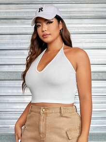 SHEIN EZwear Plus Solid Crop Halter Top - White - View 6