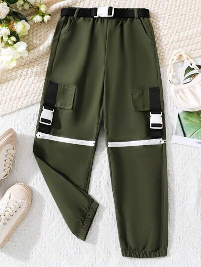 SHEIN Tween Girl Flap Pocket Buckle Detail Cargo Trousers