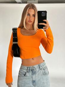 SHEIN EZwear Scoop Cổ Áo phông Crop - trái cam - Xem 1