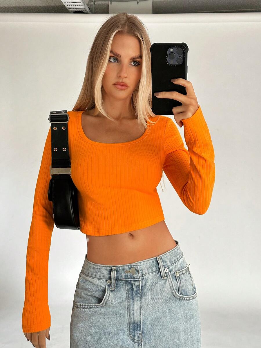SHEIN EZwear Scoop Cổ Áo phông Crop - trái cam - Xem 1