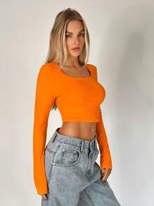 SHEIN EZwear Scoop Cổ Áo phông Crop - trái cam - Xem 4