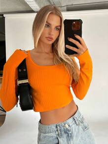 SHEIN EZwear Scoop Cổ Áo phông Crop - trái cam - Xem 2