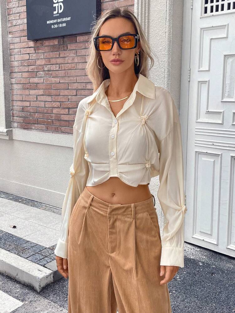 Solid Button Front Drop Shoulder Crop Shirt