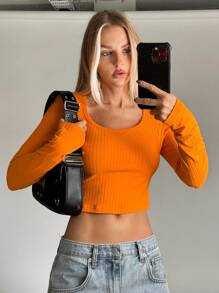 SHEIN EZwear Scoop Cổ Áo phông Crop - trái cam - Xem 5