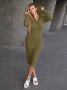SHEIN EZwear 素色連帽緊身連衣裙 - 軍綠色 - 查看 4