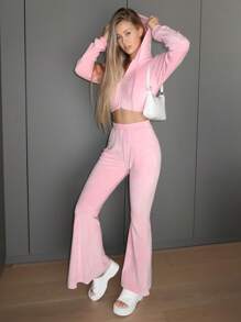 SHEIN EZwear Solid Zip Up Crop Hoodie & Flare Leg Pants - Baby Pink - View 3