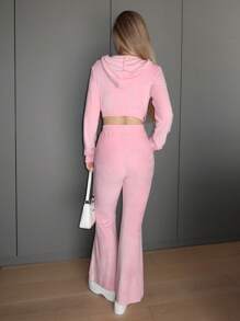 SHEIN EZwear Solid Zip Up Crop Hoodie & Flare Leg Pants - Baby Pink - View 2
