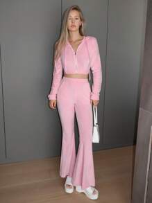 SHEIN EZwear Solid Zip Up Crop Hoodie & Flare Leg Pants - Baby Pink - View 4