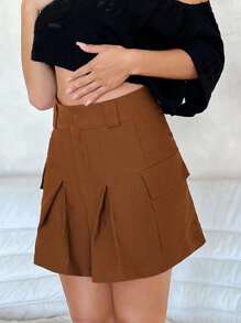 SHEINNeu Flap Pocket Fold Pleated Detail Cargo Skirt - Brown - View 1