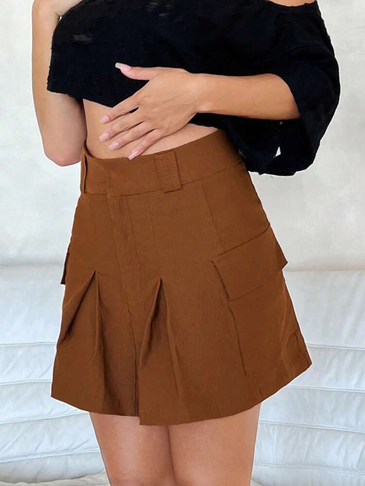 Flap Pocket Fold Pleated Detail Cargo Skirt