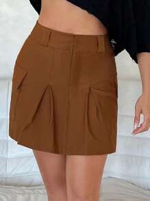 SHEINNeu Flap Pocket Fold Pleated Detail Cargo Skirt - Brown - View 4