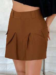 SHEINNeu Flap Pocket Fold Pleated Detail Cargo Skirt - Brown - View 5