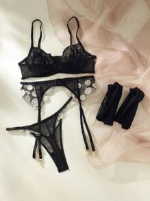 SHEIN 波點圖案刺繡網紗鋼圈吊帶襪內衣套裝 - 黑色 - 查看 9