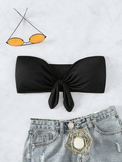 SHEIN Swim Summer Beach Knot Front Bandeau Bikini Top