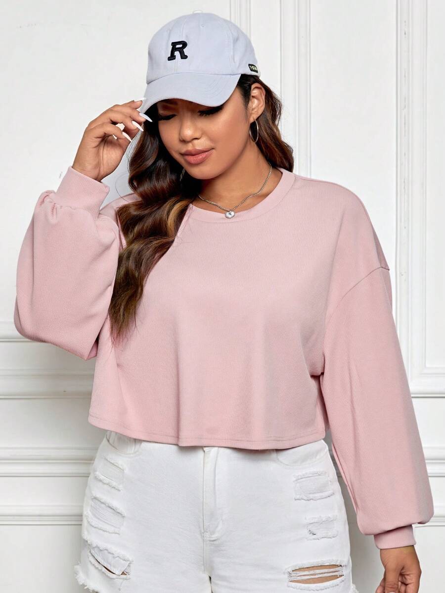 SHEIN EZwear 大碼落肩袖短款T恤 - 淺粉色 - 查看 1