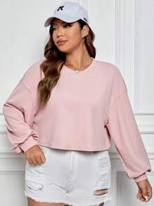 SHEIN EZwear 大碼落肩袖短款T恤 - 淺粉色 - 查看 3