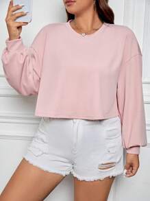 SHEIN EZwear 大碼落肩袖短款T恤 - 淺粉色 - 查看 5